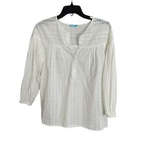J.McLaughlin Women's XS White Eyelet Cotton Button Down Long Sleeve Blouse #W6-6
